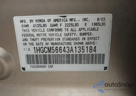 2003 Honda Accord 2.4 Ex from USA, damaged, VIN 1HGCM56643A135184